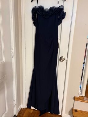 Xscape Navy Strapless Floral Rosette Evening Gown Maxi length